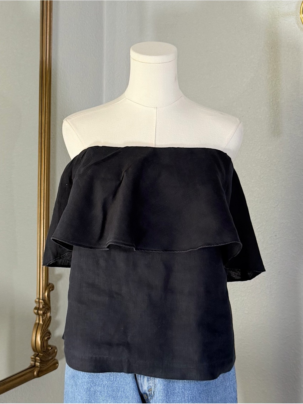 Saks Fifth Avenue 100% Linen Off The Shoulder Ruffle Top Black Size L